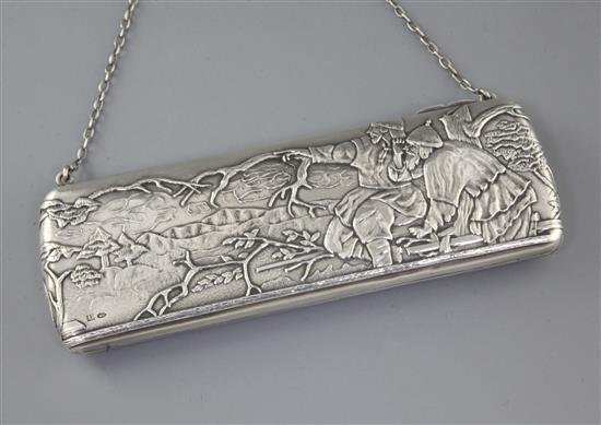 An early 20th century Russian 84 zolotnik silver large rounded rectangular purse, 22.8cm.